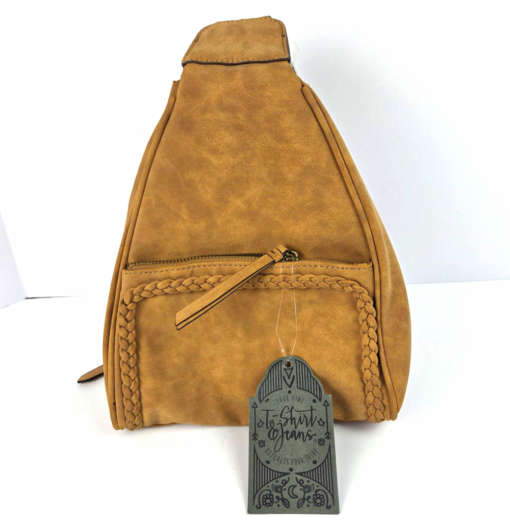 NWT T-Shirt Jeans Vegan Leather Sling Backpack Crossbody Bag Braided Brown Boho